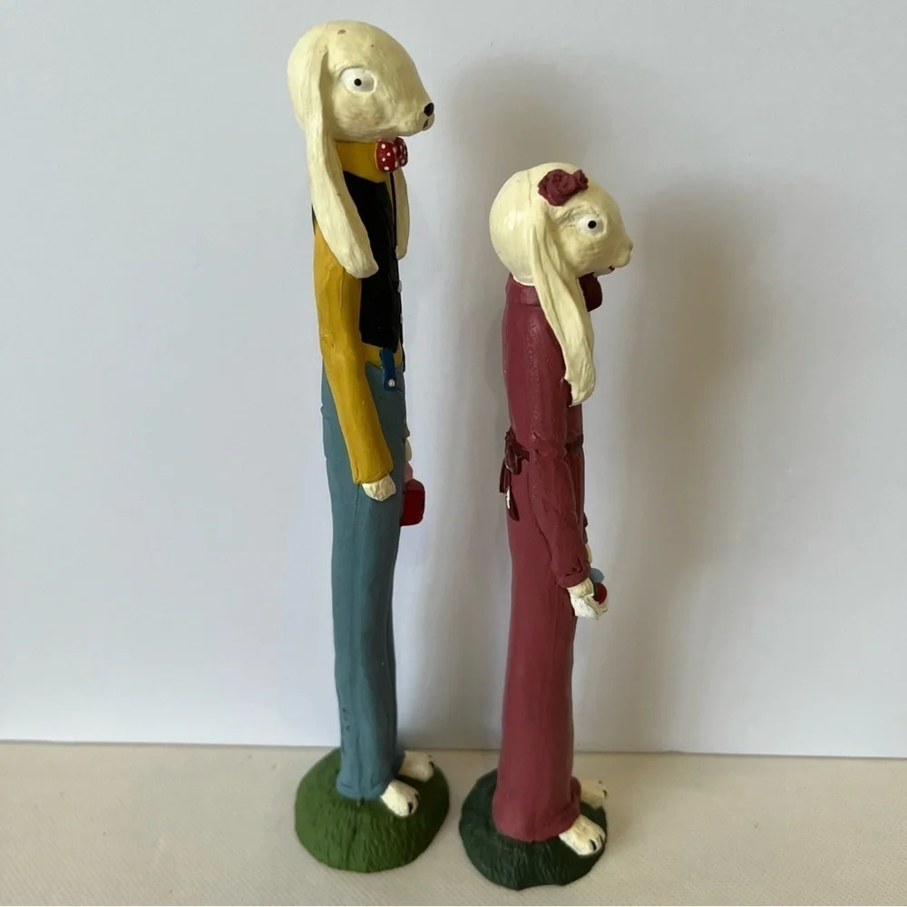 Vintage TNT 1991 Tall Skinny Rabbit Couple Easter Eggs Figurines Set Folk Art